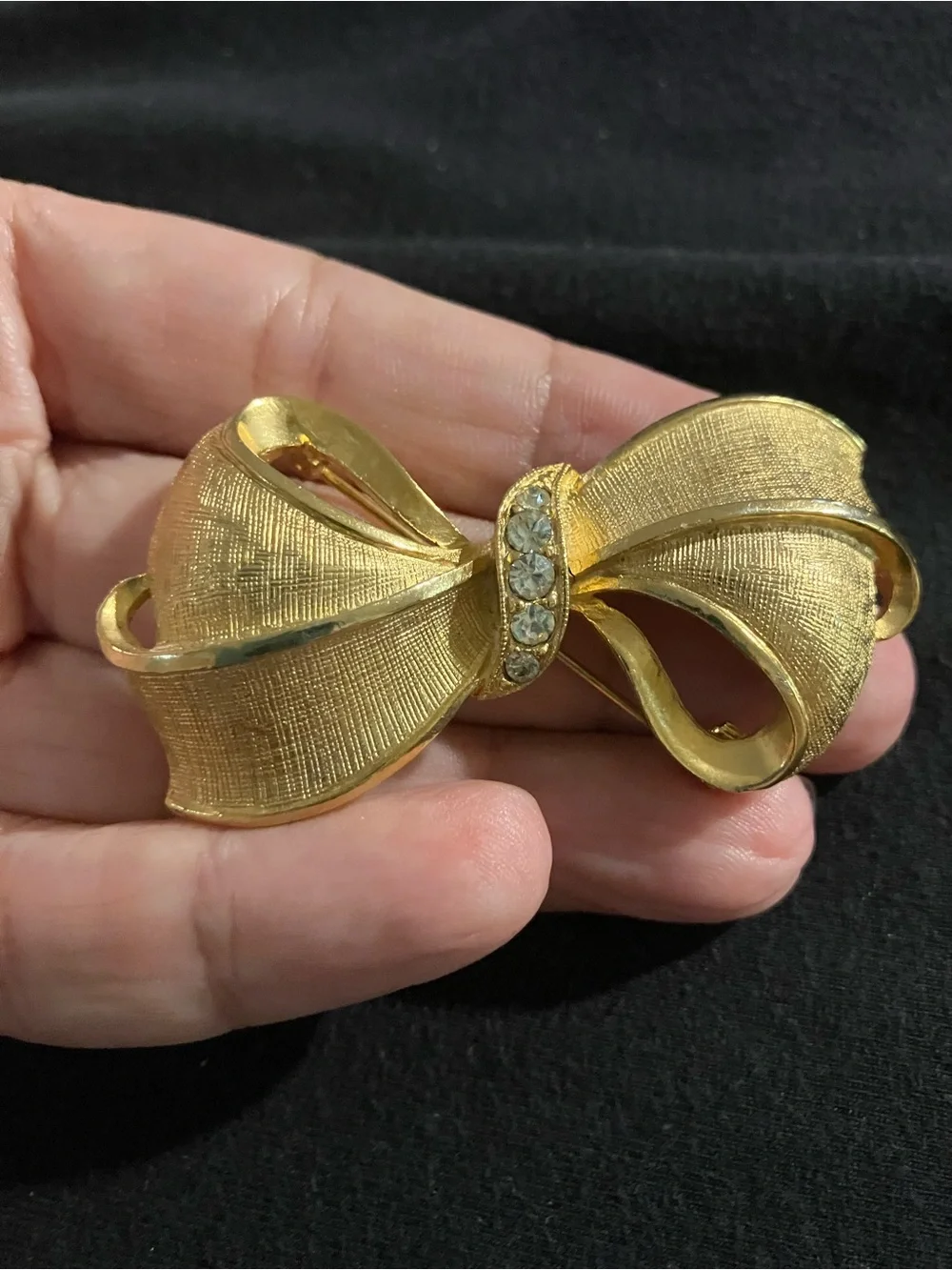 Vintage Gold Bow Brooch with Clear Rhinestones